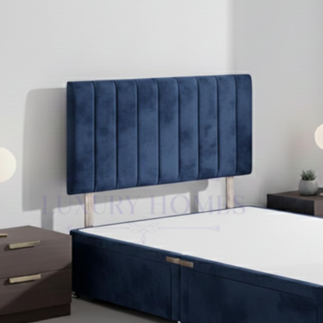 Ribbed Upholstered Bed Headboard, Soft Plush Velvet Fabric, Wall Mounted for Divan Beds (Blue Plush, 6ft Super King)