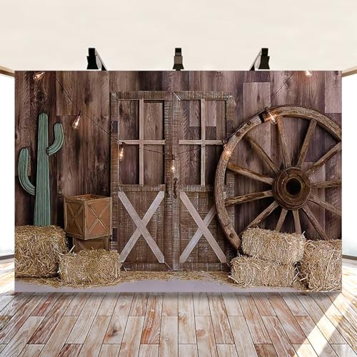 MIRRORANG 2,5x1,8m Western Cowboy Backdrop Wooden Barn Door Farmhouse Wheels Haystack Hay Bales Wagon Wheel Cactus Retro Photography Background for Cowboy Newborn Baby Shower Party Vinyl - Image 4