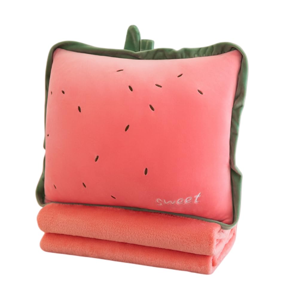Rikyo Set di coperta da viaggio e cuscino 3 in 1 con imbottitura 3 in 1, con mani calde, per bambini, in aereo, treno, letto, ufficio, pisolino (anguria rosso-anguria