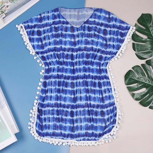 Girls Swim Cover Up Dress with Tassels Short Sleeve Beach Tunic for Kids, Cute Pompom Bathing Suit Coverup Swimwear2