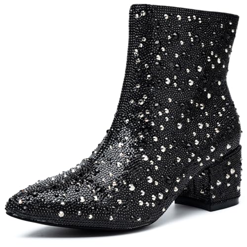 Image of YAYONE Rhinestone Zipper Sparkly Ankle Boots - Glitter Pointed Toe Fashion Comfortable Shoes, Pull on Chunky Heel Western Boots