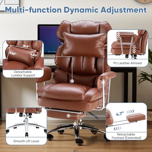 Image of DUMOS Home Office Desk Executive Chair - Ergonomic Big Tall High Back with Footrest & Lumbar Support, Reclining Height Adjustable, Comfy PU Leather Computer Gaming with Swivel Wheels, Brown