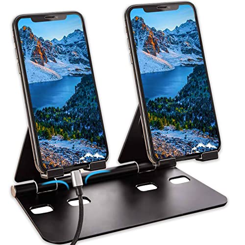 iAnder Aluminium-Handy-Ständer, multifunktional, flache Handy-Doppelhalterung, verstellbarer Tablet-Ständer, kompatibel mit iPhone, iPad, Smartphone und Tablet (schwarz)