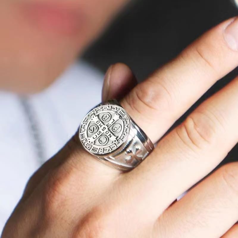 REchoLl Cross Ring for Men,Stainless Steel Saint Benedict CSPB Silver Cross religion Ring Christian Jewelry for Men Size 8-12 - Image 6