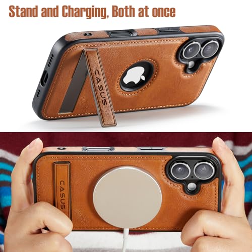 Image of Casus for iPhone 17 Case with MagSafe, Slim Kickstand Vegan Leather Protective Cover with Tempered Glass Screen Protector, 6.3 Inch (2025), Brown