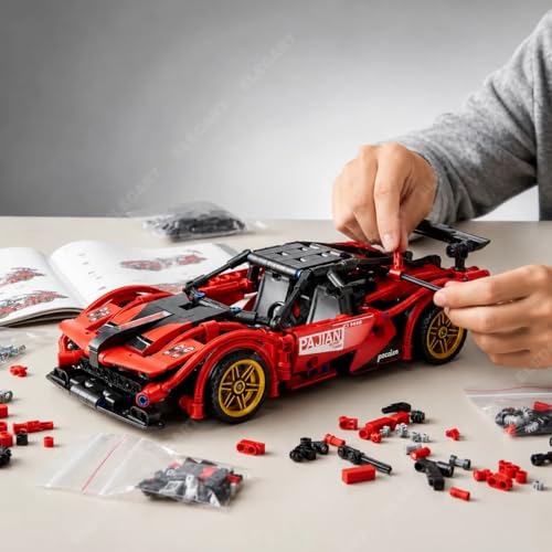 Image of 1:18 Scale Racing Car Building Block Set - Pull Back DIY Assembly Supercar Model | Compatible Bricks Toy for Kids, Adults, Collectors & Racing Car Lovers (RED)