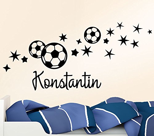 Wandora Wandtattoo Fußbälle Sterne + Wunschname I schwarz (BxH) 122 x 58 cm I Kinderzimmer Wohnzimmer Fußball Sticker Aufkleber Wandaufkleber Wandsticker G064 Cover