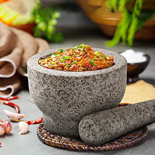 Tera Mortar And Pestle Set 2-Cup Capacity Molcajete Bowl, Incl. Silicone Lid, Garlic Peeler, Stick-On Anti-Slip Pad For Base, Unpolished Granite Mortar And Pestle Spice Grinder 5.5 Inch #TOP5