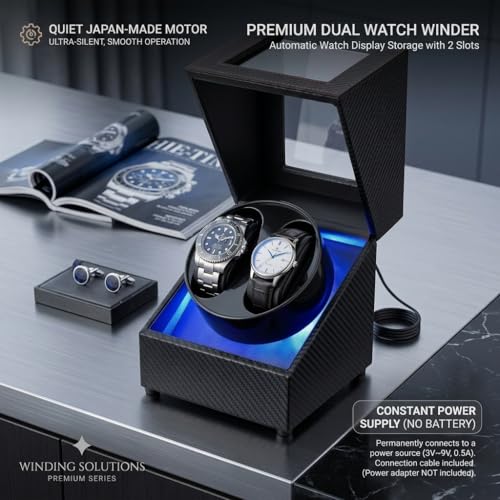 Image of BRAINLE Watch Winder for Automatic Watches, 2 Slot Double Watch Winder Box with LED Display, Quiet Motor, USB Powered, Carbon Fiber PU Leather - Black