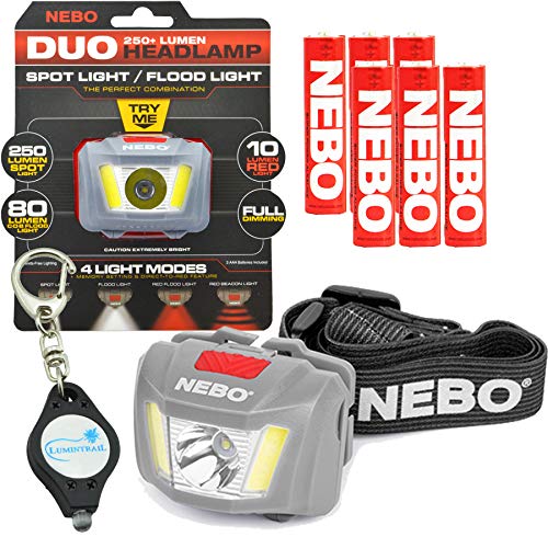 NEBO 250 Lumen Duo Headlamp LED Spot Light Flood Light Red Mode with 6 Nebo AAA Batteries and Lumintrail Keychain Light