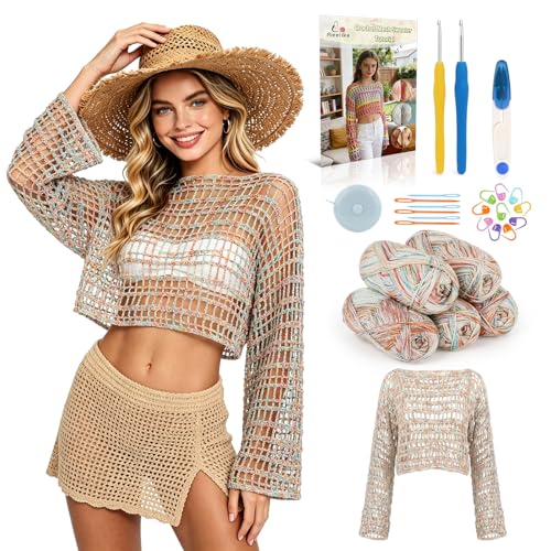 Image of Aeelike Beginner Crochet Kit for Adults, Crochets Set Ombre Cotton Yarn & Step-by-Step Video Tutorials, Crochet Kit for Beginners Beach Coverup Mesh Top for Women Ideal DIY Gift, Gradient Color