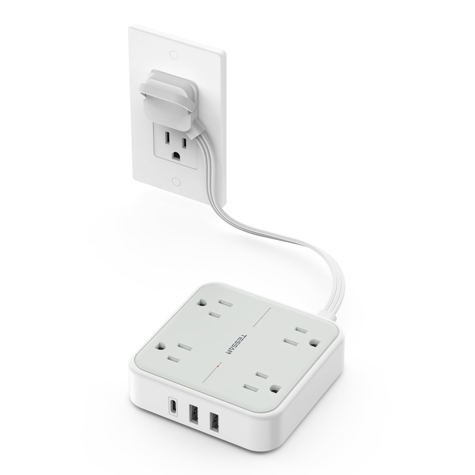 TESSAN Surge Protector Flat Extension Cord 1Ft, Ring Plug Power Strip with 4 Outlets 3 USB Ports (1 USB C), 900 Joules Protection, Multiple Wall Outlet Extender Suitable for Home Office Dorm, Grey 1 FT (Ring Pull) Grey & Surge Protector