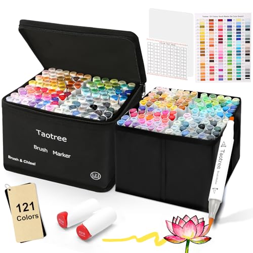 Taotree Alcohol Markers Brush Tip 121 Colors Dual Tip Brush Markers Set Art Supplies Coloring Pens Brush & Fine Tip Sketch Pens Drawing Supplies Artist Adult Coloring Book Painting Sketching