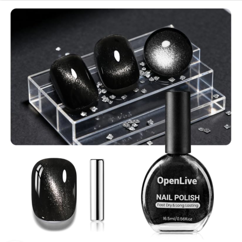 OpenLive Nail Polish Black Cat Eye, 16.5ml Glitter Reflective