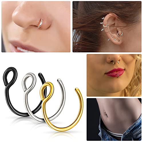 Lusofie 9Pcs Fake Nose Rings,Fake Nose Ring Hoop Stainless Steel Nose Hoop for Faux Lip Septum Nose Ring Set3