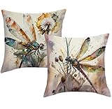 JAERUE Dragonfly Throw Pillow Covers with Daisy Floral 18 x 18 Inch Nature Theme Cushion Covers Watercolor Art Home Decor Spring Summer Pillow Cases 2Pack for Sofa Couch Porch (Blue/Brown Dragonfly)