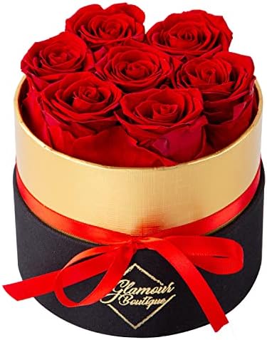 GLAMOUR BOUTIQUE Forever Flower Gift Box: Red Real Preserved Roses in A Box, Handmade, Rose Petals, Birthday, Marriage (Red, Pack of 7)