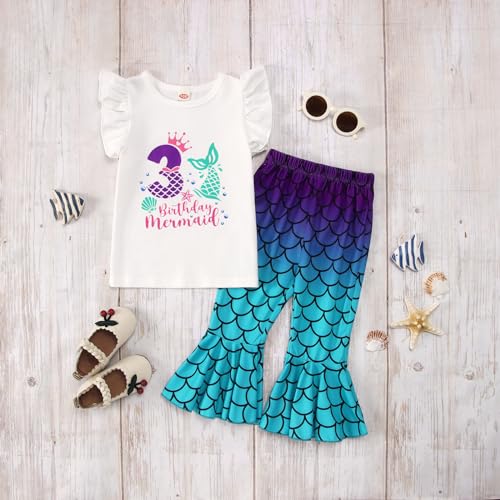 IZYJOY Birthday Mermaid Outfit Toddler Baby Girl 1st 2nd 3rd 4th 5th Ruffle Sleeve Romper Top Flared Pant Set Summer Clothes2