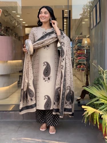 Image of Nermosa Women's Pure Viscose Block Printed Ethnic Wear Straight Kurta Set with Palazzo Pants & Dupatta | Kurta Set for Women | 3 Piece Set