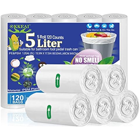 OKKEAI 1.2 Gallon Small Trash Bags 5L Bin Bags White Bin Liner Mini Garbage Bags for Wastebasket,Bathroom,Office,120 Bags Cover