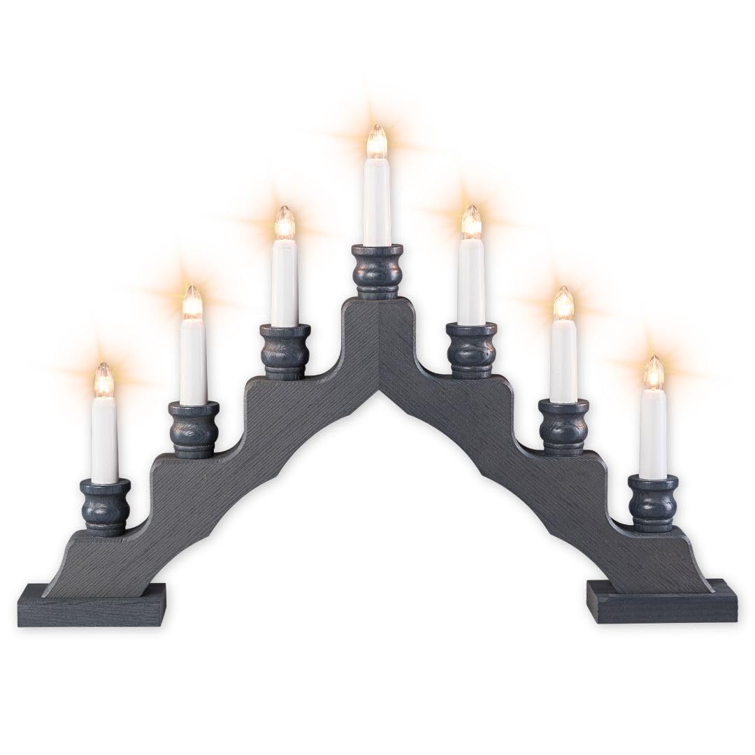 WEIGLA - Schwedenleuchter original Erzgebirge I Trendiger Schwede GRAU I LED I Schwibbogen Weihnachten I 7 Lampenkerzen + 1 Ersatzlampe I 7 x 34 V, 0,2 W, E10 I Weihnachtsdeko innen I Kiefernholz