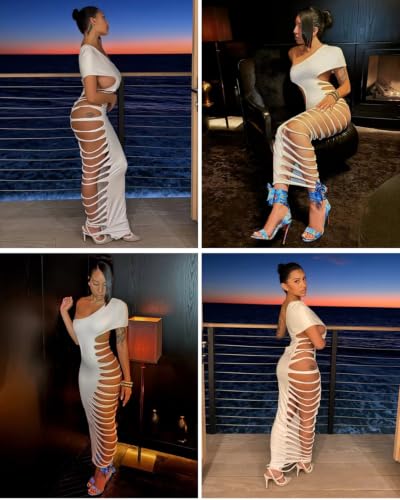 Image of Women's Sexy Sleeveless Hollow Out Maxi Dress Tassel See Through Backless Bodycon Party Club Long Dress
