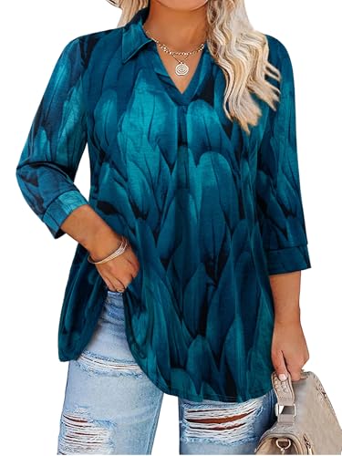 Amrto Plus Size Trendy Tops for Women 2025 3/4 Sleeve Collared Ladies Tops and Blouses V Neck Dress Shirts Fall Top Dressy Casual Business Elegant Office Work Tunics for Leggings,Peacock Teal Blue,2XL