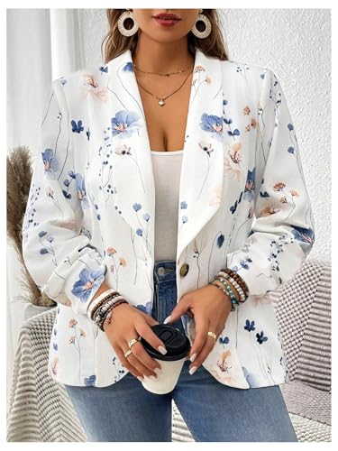 WDIRARA Women's Plus Size Floral Blazer Lapel Neck Ruched Sleeve Open Front Work Office Jacket4