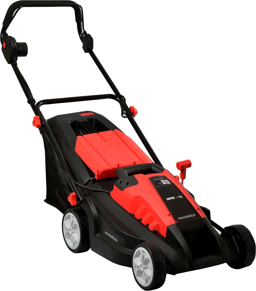 MAXGREEN Electric Lawn Mower MRE 15” – 1600W High-Performance Motor, 15” Cutting Width, 50L Grass Collector, Adjustable Cutting Height, Sturdy Plastic Deck (Red)