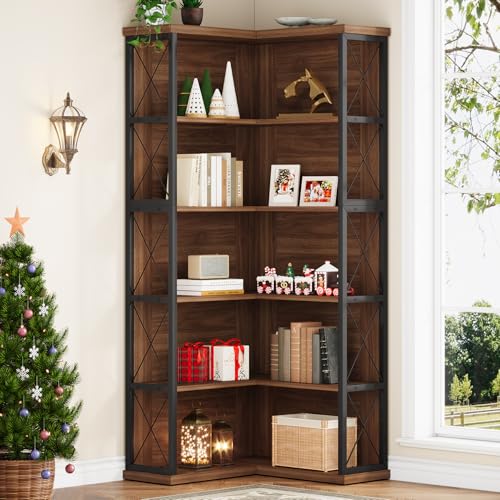 Condemo 5-Tier L Shaped Bookshelf, Vintage Industrial Corner Bookcase, Large