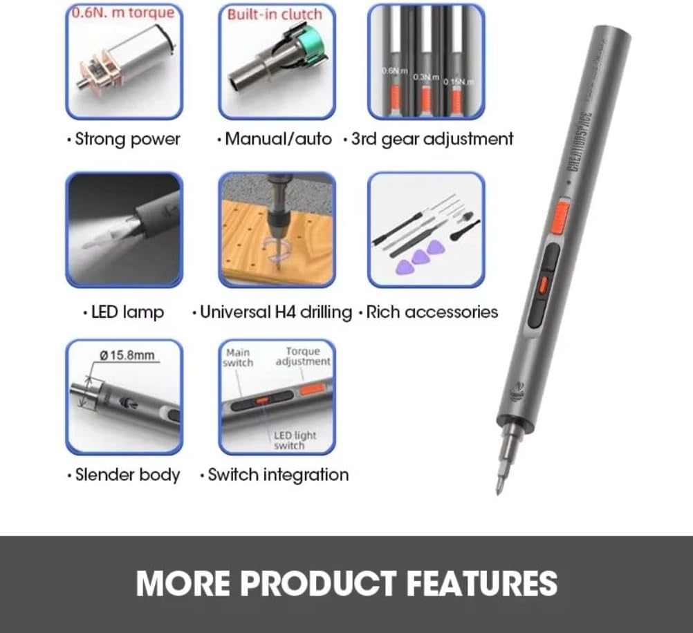 Electric Screwdriver For CreationSpace CS0702B Electric Screwdriver 3.7V Rechargeable Lithium Battery Adjustable Torque Portable Screwdriver 40min Fast Charging for DIY Repair（Color:Grey)