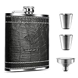 MONODY Hip Flask 7 OZ Drinking Flask Set for Men Stainless Steel with Black PU Leather - Includes Funnel and 2 Little cups for Discrete Shot Drinking of Alcohol, Whiskey, Rum and Vodka