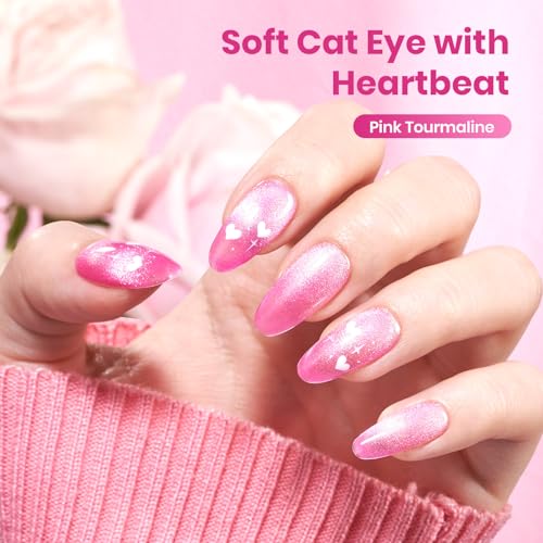 Image of Beetles Pink Cat Eye Gel Nail Polish - 15ML Gel Polish Pink Cat Eye Glitter Magnetic Velvet Effect Soak Off UV French Nail Art Salon DIY Home Manicure Spring Gift for Women