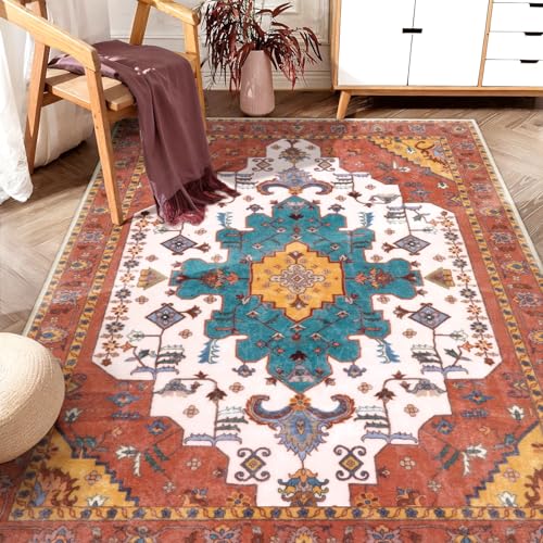 SERISSA Boho Area Rug 5x7 Orange, Washable Large Rugs for Living Room, Ultra Soft Non-Slip Bedroom Rug Print Distressed Vintage Tribal Farmhouse Carpet Rug for Dining Room Dorm Office Home Decor