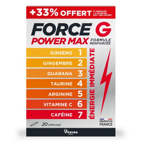Vitavea - Force G Power Max Formule Renforcée - Booster Energie Immédiate 7 actifs - Ginseng, Gingembre, Guarana, Taurine, Arginine, Vitamine C, Caféine -...