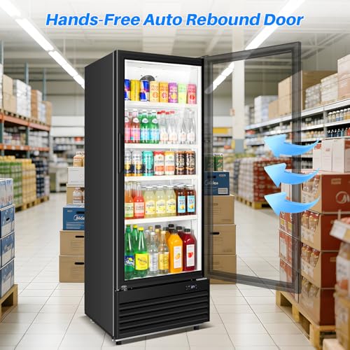 Image of Commercial Beverage Refrigerator, 24.5 inch Glass Door Display Fridge, 15 Cu.Ft Freestanding Beverage Cooler with 4 Adjustable Shelves, Auto Rebound Door, Low Noise, for Shops, Restaurants & Bars, Black