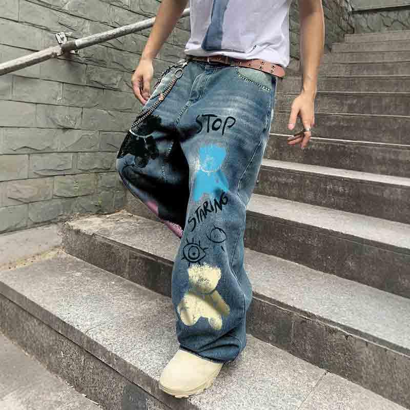 Men's Baggy Cargo Jeans with Graphic PrintY2K Aesthetic Straight Leg Draggin PantsStretch Polyester Trousers2