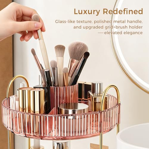 Image of 360 Rotating Makeup Organizer, Upgraded 3 Tier Skincare Perfume Organizers for Women, Bathroom Organizer Countertop, Clear Cosmetic Dresser Organizer with Makeup Brush Holder Counter(Clear Pink)