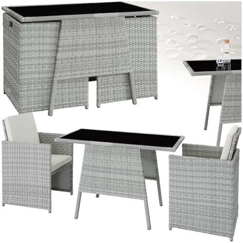 tectake® Poly Rattan Sitzgruppe für 2 Personen, Outdoor Möbel platzsparend zusammenschiebbar, 2 Sessel & 1 Tisch, ideales Balkon Lounge Set, Gartenmöbel, Terrassenmöbel wetterfest - hellgrau