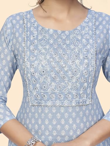 Image of Vbuyz Women's Printed & Hand Work Straight Cotton Blend Parrot Green Kurta,Pant with Dupatta | Kurta Set with Dupatta for Women | Suit Set | Ethnic Set | Printed Kurta Set | Salwar Set for Women