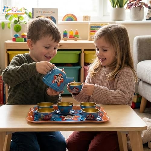 Image of Disney Mickey 14-Piece Childrens Tin Tea Set - Junior Pretend & Play Kitchen Toy for Kids 3+ Years Old - Includes Cups, Saucers, Tray & Coasters - Durable Metal Play Set for Boys & Girls