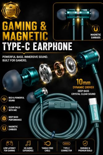 Image of ZedPunch Gaming Type-C Wired Earphone with Mic, 10mm Dynamic Bass Driver, Magnetic in-Ear Headphones, Low Latency Sound for Gaming, 1 Button Control, HD Calling, Voice Assistant (Dark Green)
