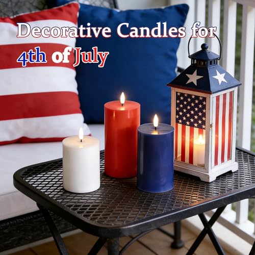 Image of JOIONE Patriotic Flameless Pillar Candles with Remote, 3 Pcs Red White Blue | Battery Operated, Red White Blue, Real Wax, Remote Control, Warm Flickering Glow, 4th of July Independence Day Party Decor