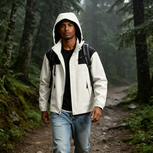 Image of Color Block Waterproof Hooded For Men Rain Shell Jacket Windproof Coat With Adjustable Drawcord Hood & Velcro Cuffs Packable Zip Up Hiking Camping And Fishing Outdoor Activities White M