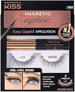 KISS Magnetic Eyeliner & Lash Kit, Lure, 1 Pair of Synthetic False Eyelashes With 5 Double Strength Magnets and Smudge Proof, Biotin Infused Black Magnetic Eyeliner with Precision Tip Brush