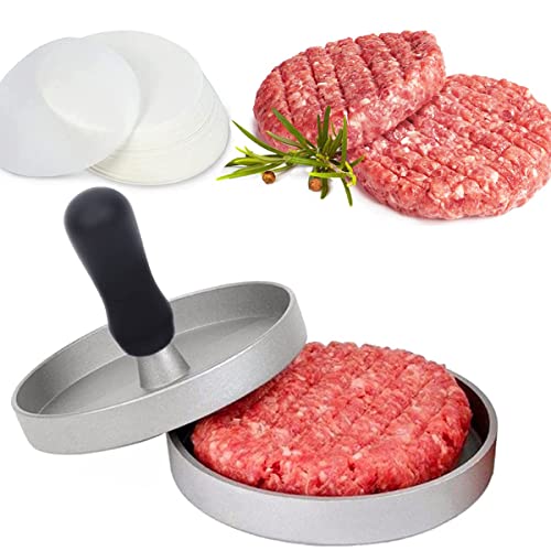 Aksiqee Hamburger Press Patty Maker Burger Press, Non-Stick Cast Iron Burger Smasher Mold with 100 Wax Patty Paper, Sausage Patties Patty Burger Maker for Outdoor Camping BBQ Grill