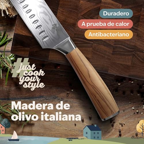 Miniatura 6 de Kjøk Premium Cuchillo Santoku 7cr Hoja De Acero 17cm Dureza 58 2 Hrc Cuchillo De Chef Profesional Mango Ergonómico De Madera De Olivo Cuchillo De Cocina Hoja Afilada Japonés Para Casa Y Restaurante