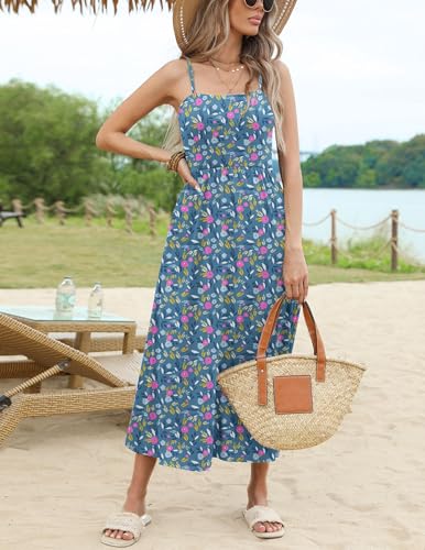 Image of Zeagoo Women's Summer Casual Boho Sundress Spaghetti Strap Square Neck Flowy Midi Dresses A Line Beach Dress with Pockets