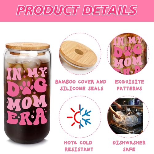 Dog Lovers Gifts for Women, Dog Mom Glass Cup 18OZ Iced Coffee Cups with Lids and Straw, Puppy Mom Gift Set for Women, Drinking Glasses In My Dog Mom Era Gift for Birthday Mother's Day Owner Pet Lover