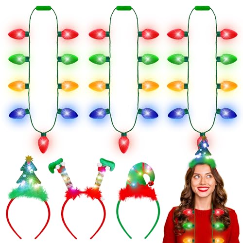 6 Pack Christmas Light Up Bulk, Xmas LED 3 Cute Cartoon Design Headbands, Christmas Bulb Lights Necklace for Party Favor Supplies, New Year Eve Christmas Holiday Accessories for Kids Men Women